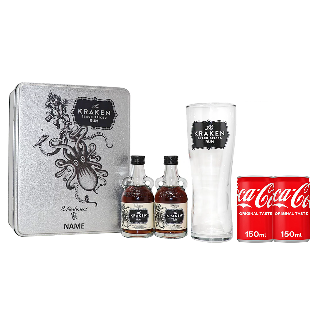 Personalised Miniature Kraken Spiced Rum Tin Gift Set with Branded Kraken  Glass - Beerhunter