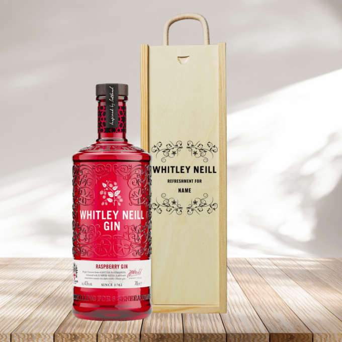 Personalised Whitley Neill Raspberry Gin Gift Set in Wooden Presentation Gift Box – 70cl