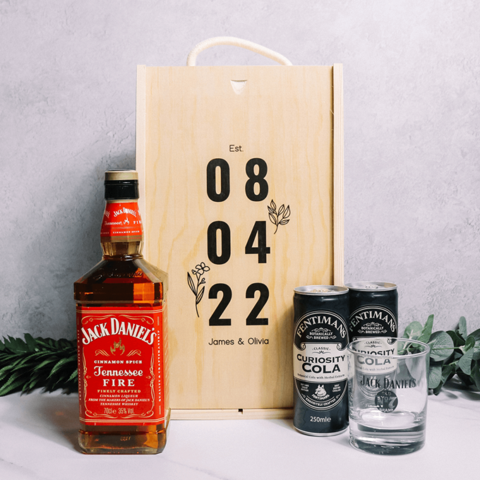 Personalised Jack Daniels No. 7 Tennessee Fire Whisky Anniversary Gift Box with Curiosity Cola & Glass - 70cl | Beerhunter