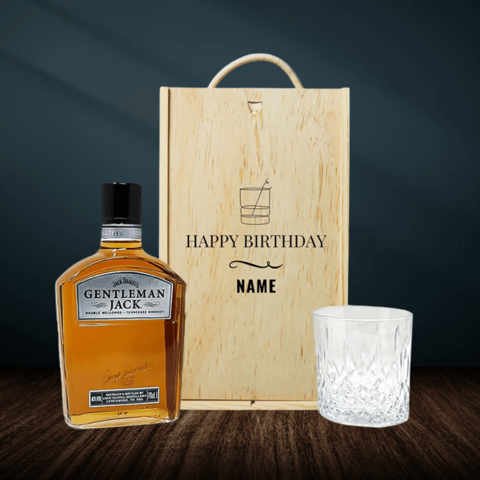 Personalised Gentleman Jack Whiskey Happy Birthday Gift Set with Glass 70cl – 40% ABV