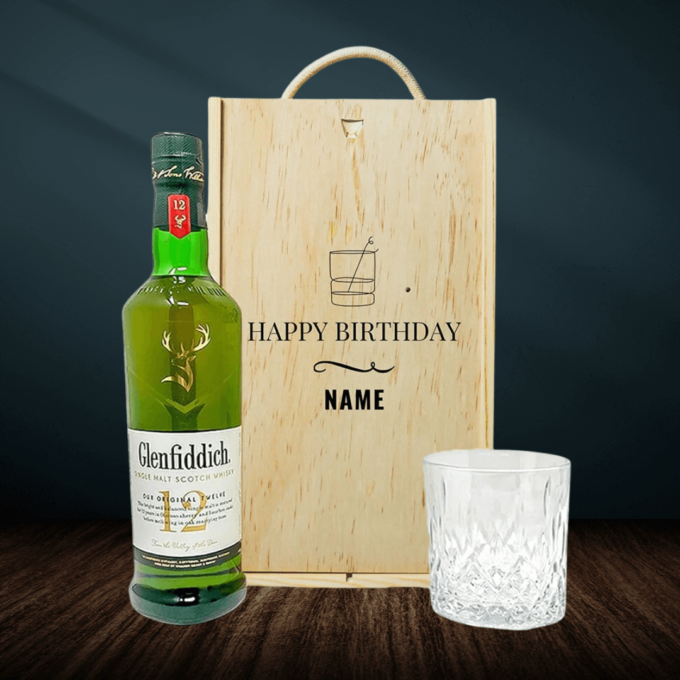 Personalised Glenfiddich 12 Year Single Malt Scotch Whisky Happy Birthday Gift Set with Glass