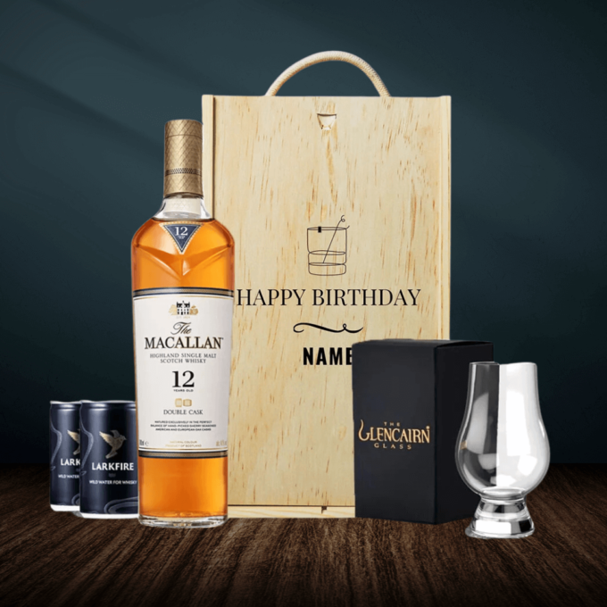 Personalised Macallan 12 Year Double Cask Scotch Whisky Happy Birthday Gift Set with Glencairn Glass & Larkfire Whisky Water