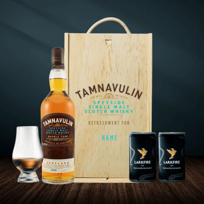 Personalised 70cl Tamnavulin Single Malt Whiskey in Wooden Box With Glencairn Glass and 2 Larkfire Water (40% ABV)