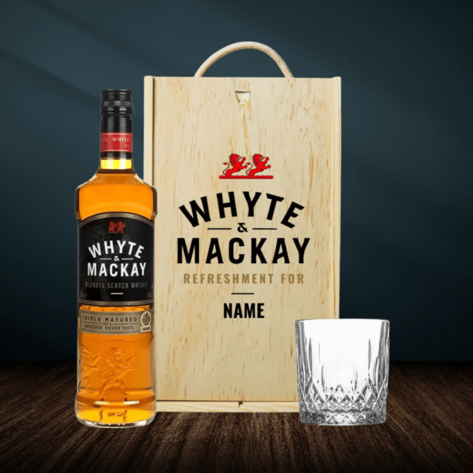 Personalised Whyte and Mackay Blended Scotch Whiskey in Wooden box with glass 70cl (40% ABV)